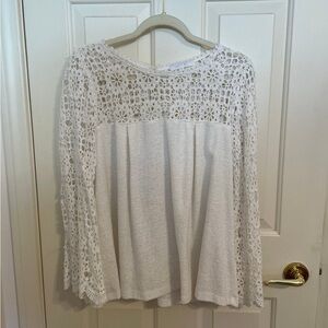 Anthropologie Eri + Ali White Long Sleeve Blouse Bell Sleeves Lace Details